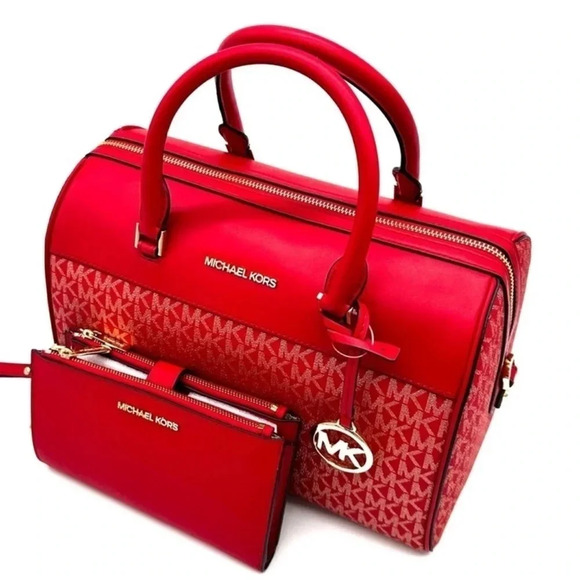 Michael Kors Medium Duffle Satchel Crossbody Bag & Large Double Zip Wallet Red - Picture 12 of 15